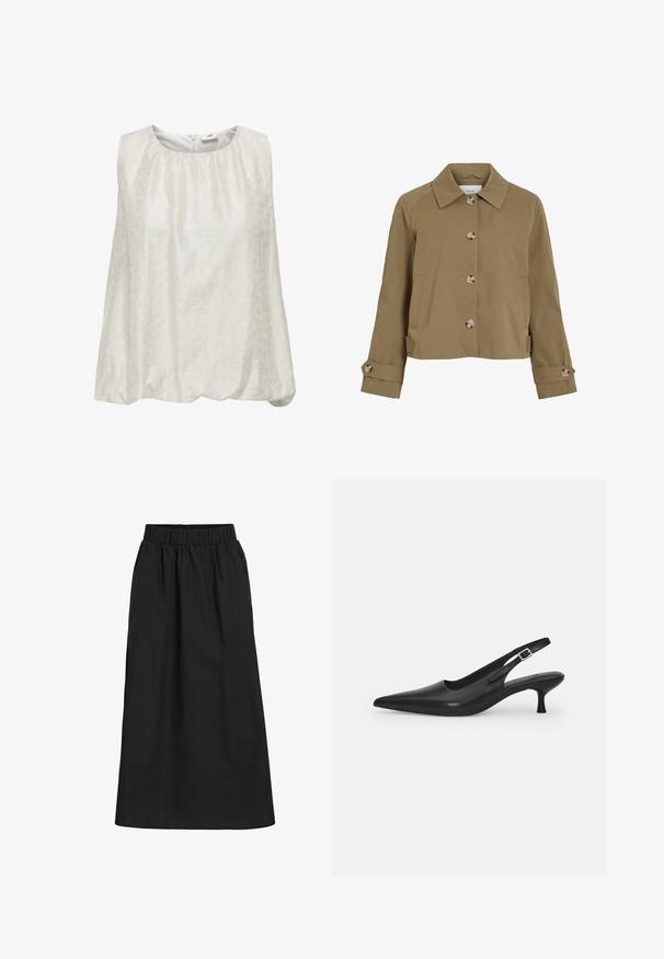 Khaki kort jasje met een rechte snit, een kraag, zes knopen, zijzakken en opgerolde manchetten met knoopaccenten. Gladde textuur, lichte stof.; Mouwloze witte top met een subtiel textuurpatroon, voorzien van een ronde halslijn en een geraffineerde taille voor een ontspannen pasvorm.; Zwarte, knie-lange rok gemaakt van zachte, lichte stof. Heeft een elastische tailleband en een eenvoudig, vloeiend ontwerp zonder versieringen.; Zwarte leren slingback schoen met een puntige neus en een slanke, gebogen hak. Voorzien van een discrete verstelbare band met een metalen gesp.
