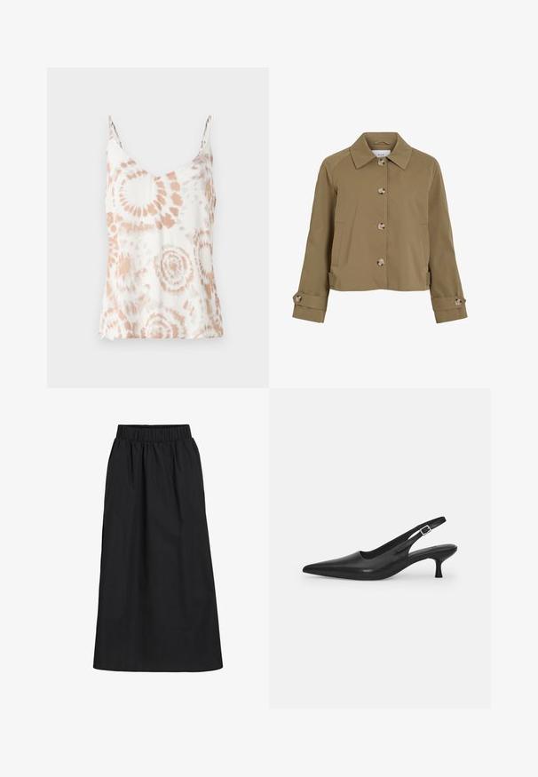Khaki lyhythihainen takki, jossa on suora leikkaus, kaulus, kuusi nappia, sivutaskut ja käännetyt hihansuut nappikoristeilla. Sujuva pinta, kevyt kangas.; Valkoinen hihaton paita, jossa on V-pääntie, hienot olkaimet ja persikkavärinen tynnyrikuvio. Kevyt, pehmeä rakenne ja virtaava muotoilu.; Mustavärinen, polveen ulottuva hame, joka on valmistettu pehmeästä ja kevyestä kankaasta. Hameessa on joustava vyötärö ja yksinkertainen, laskostava muotoilu ilman koristeita.; Mustan nahkainen slingback-kengät, joissa on terävä nenä ja kapea, kaareva korko. Varustettu huomaamattomalla säädettävällä hihnalla, jossa on metallinen solki.