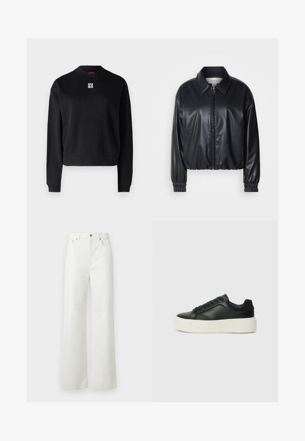 Crna skraćena jakna od umjetne kože s prednjim patentnim zatvaračem, oštrim ovratnikom i elastičnim manžetama. Ima minimalno brendiranje na prsima.; Crna dukserica od mekog materijala, s okruglim izrezom i rebrastim rukavima. "HUGO" logo u bijeloj boji nalazio se je u središtu na prsima.; Samsøe Samsøe SHELLY - Traperice opuštenog kroja - clear cream; Crne kožne tenisice sa zaobljenim vrhom, bijelom platformom i crnim vezicama. Imaju suptilan logo na peti i glatku teksturu.