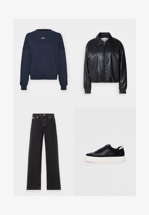 Fekete, rövidített fazonú műbőr dzseki, elöl cipzárral, hegyes gallérral és rugalmas mandzsettákkal. Minimalista logó található a mellkason.; Sötétkék pulóver, puha pamutból, kerek nyakkal, lecsúsztatott vállakkal és hímzett logóval a mellkason. Lazán illeszkedő fazon, bordázott mandzsettákkal.; Fekete, bőszárú farmernadrág, magas derekú, öt zsebes kialakítással és fém gombos záródással, kontrasztos varrással.; Fekete sportcipő sima bőrből és velúr panelekkel, lapos fűzőkkel, kerek orral és fehér gumi talppal. Megkülönböztető logó a sarkán.