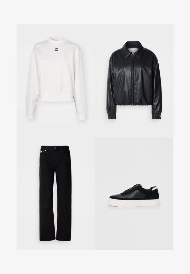 Svart cropped jakke i faux skinn med glidelås foran, spiss krage og elastiske mansjetter. Har minimal merkevareprofil på brystet.; HUGO DAXANDRIA - Sweatshirt - natural; Svart denim rettfittede bukser med fem lommer, sølvnitter og knappestolpe. Stoffet har en glatt, lett teksturert overflate.; Svart sneakers med glatt skinn og semsket skinnpaneler, flate snørebånd, rund tå og hvit gummisåle. Distinkt logo på hælen.
