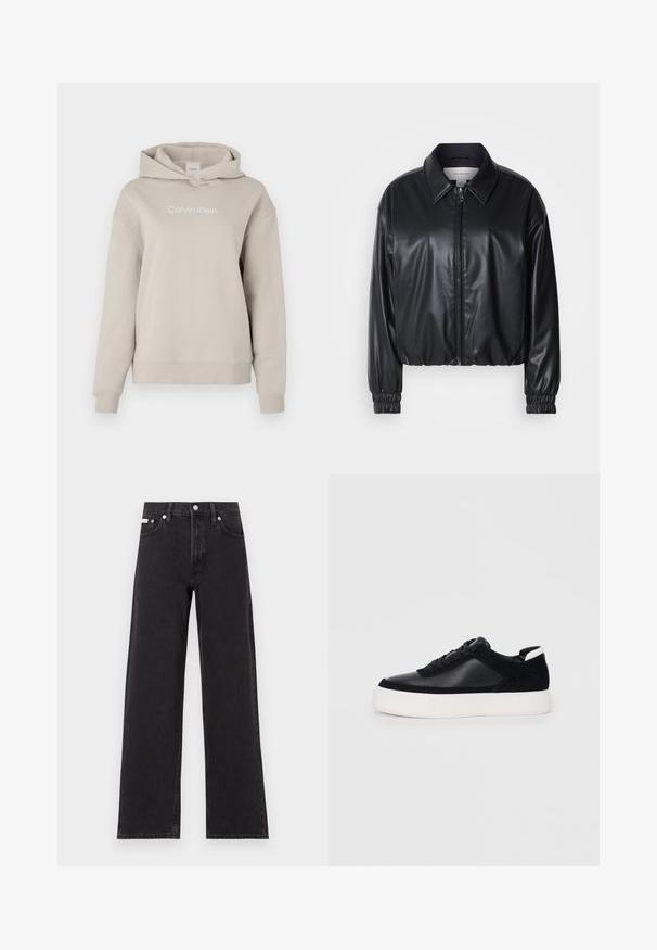 Melna, īsā jaka no mākslīgās ādas ar zipa priekšpusi, norādītām apkaklēm un elastīgām aprocēm. Uz krūtīm ir minimāla zīmola identifikācija.; Bežs kapucis krekls ar ribotām aprocēm un apakšmalu. Uz krūtīm ir balts "Calvin Klein" logo. Mīksta, teksturēta auduma.; Melni platmalu džinsi, kas izgatavoti no denima, ar augstu vidukli, piecu kabatu dizainu un metāla pogas aizdari ar kontrastējošu šuvumu.; Melnas sporta kurpes ar gludu ādu un zamša paneļiem, plakaniem šņorēm, noapaļotu pirkstu daļu un baltu gumijas zolīti. Izteikts logo uz papēža.