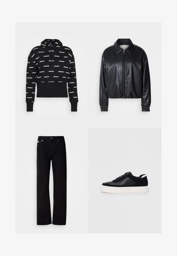 Jacket cropped preto em couro sintético com fecho zip, colarinho pontudo e punhos elásticos. Apresenta uma marcação mínima no peito.; Calvin Klein Jeans LOGO ALL OVER PRINT HOODIE - Camisola - institutional black; Calças de ganga pretas de perna reta com cinco bolsos, rebites prateados e fecho de botão. O tecido tem um acabamento suave e ligeiramente texturizado.; Sapatilha preta com painéis de pele lisa e camurça, atacadores planos, bico arredondado e sola de borracha branca. Logótipo distinto no calcanhar.
