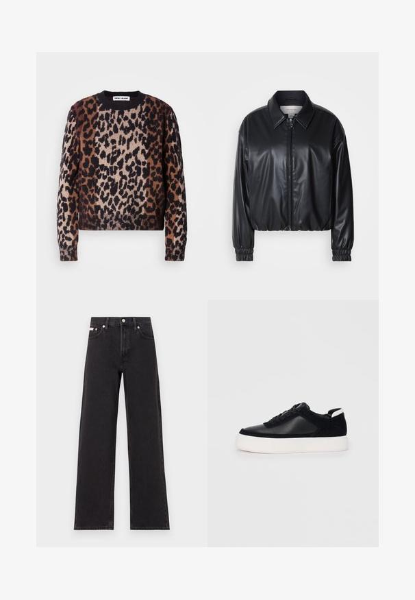 Jacket cropped preto em couro sintético com fecho zip, colarinho pontudo e punhos elásticos. Apresenta uma marcação mínima no peito.; Sweater com estampa de leopardo em tons de castanho, preto e creme. Textura suave, decote redondo e punhos e bainha canelados. Design casual e cropped.; Jeans de perna larga pretos feitos de denim, apresentando uma cintura alta, estilo de cinco bolsos e um fecho em botão de metal com costura contrastante.; Sapatilha preta com painéis de pele lisa e camurça, atacadores planos, bico arredondado e sola de borracha branca. Logótipo distinto no calcanhar.