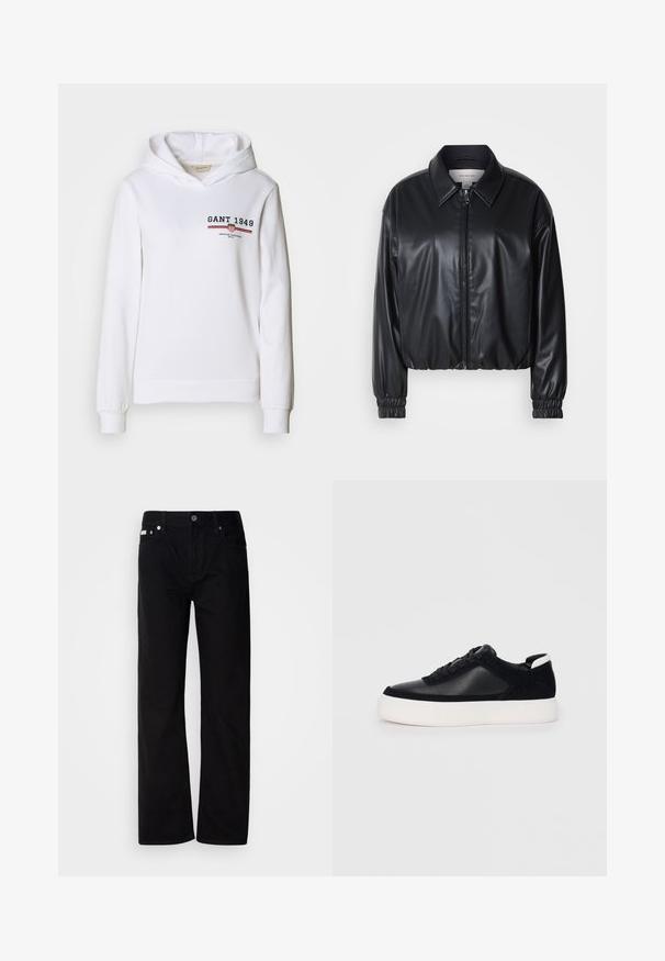 Jacket cropped preto em couro sintético com fecho zip, colarinho pontudo e punhos elásticos. Apresenta uma marcação mínima no peito.; Sweatshirt branco feito de tecido macio, com um logo frontal com "GANT 1949" e detalhes em riscas vermelhas/azuis, com mangas longas e capuz com cordão.; Calças de ganga pretas de perna reta com cinco bolsos, rebites prateados e fecho de botão. O tecido tem um acabamento suave e ligeiramente texturizado.; Sapatilha preta com painéis de pele lisa e camurça, atacadores planos, bico arredondado e sola de borracha branca. Logótipo distinto no calcanhar.