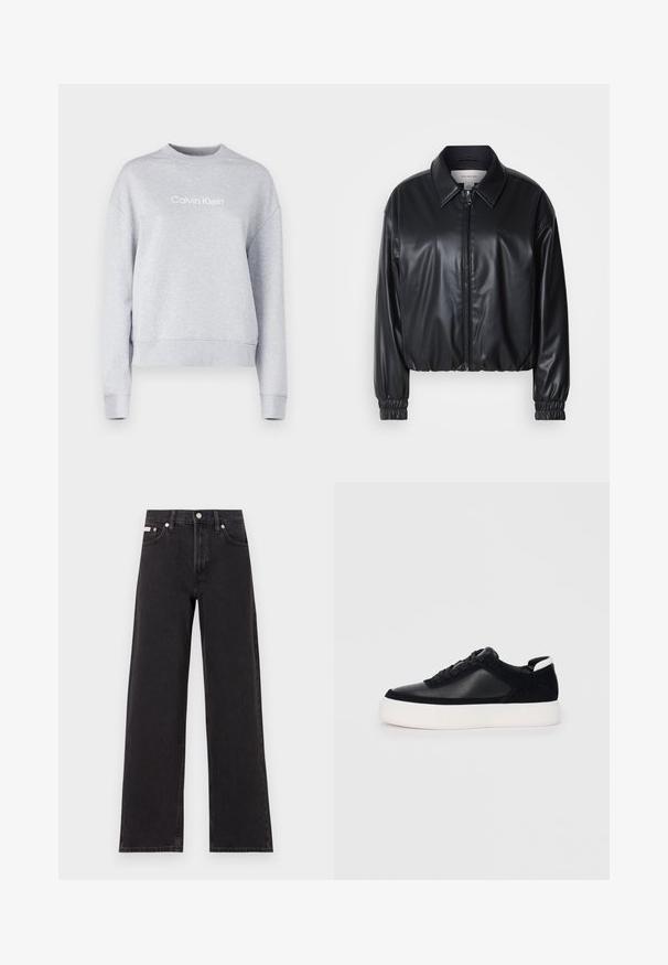 Fekete, rövidített fazonú műbőr dzseki, elöl cipzárral, hegyes gallérral és rugalmas mandzsettákkal. Minimalista logó található a mellkason.; Calvin Klein HERO LOGO - Melegítőfelső - light grey heather; Fekete, bőszárú farmernadrág, magas derekú, öt zsebes kialakítással és fém gombos záródással, kontrasztos varrással.; Fekete sportcipő sima bőrből és velúr panelekkel, lapos fűzőkkel, kerek orral és fehér gumi talppal. Megkülönböztető logó a sarkán.