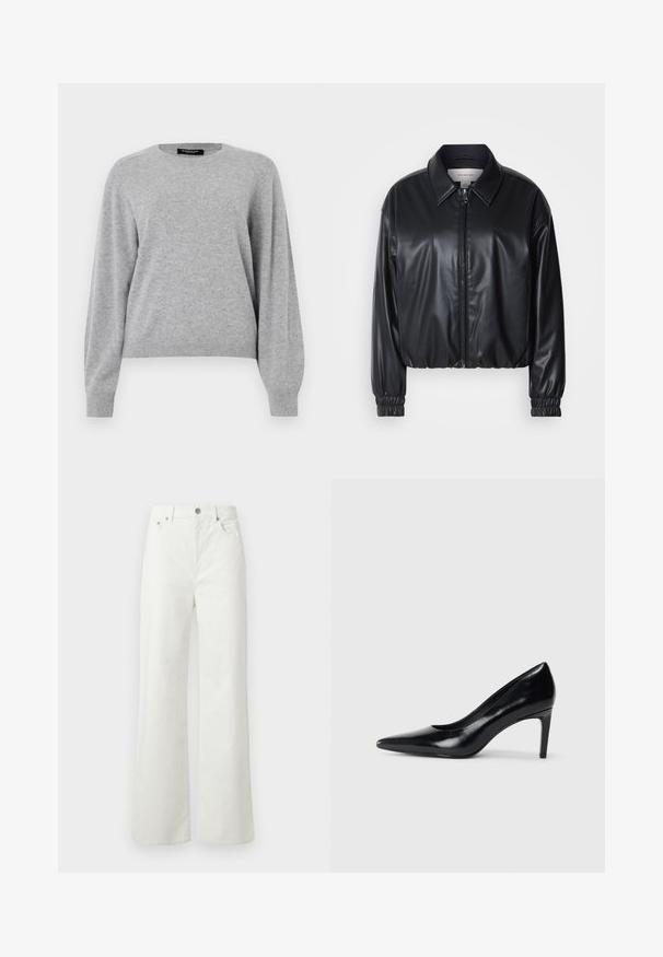 Giacca nera corta in ecopelle con zip frontale, colletto a punta e polsini elastici. Presenta una grafica minimalista sul petto.; Maglione a girocollo grigio chiaro realizzato in materiale morbido. Presenta un collo rotondo, maniche lunghe e una vestibilità comoda con polsini e orlo a coste.; Samsøe Samsøe SHELLY - Jeans baggy - clear cream; Scarpa con tacco alto in pelle nera, con punta affusolata, texture liscia e tacco rastremato. Design minimalista, senza ulteriori decorazioni.
