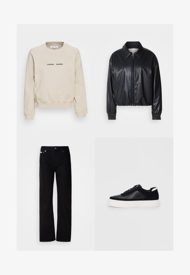 Jacket cropped preto em couro sintético com fecho zip, colarinho pontudo e punhos elásticos. Apresenta uma marcação mínima no peito.; Samsøe Samsøe BARLETTA CREW NECK - Camisola - oatmeal; Calças de ganga pretas de perna reta com cinco bolsos, rebites prateados e fecho de botão. O tecido tem um acabamento suave e ligeiramente texturizado.; Sapatilha preta com painéis de pele lisa e camurça, atacadores planos, bico arredondado e sola de borracha branca. Logótipo distinto no calcanhar.