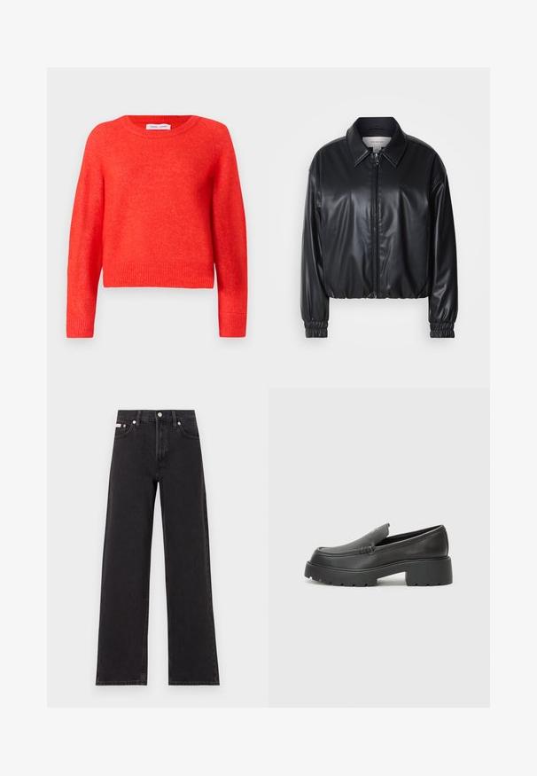 Black cropped jacket in faux leather with a zip front, pointed collar, and elastic cuffs. Features minimal branding on the chest.; Red, cropped sweater made of soft material. Round neckline, long sleeves, and ribbed hem detailing. Slightly textured surface.; Black wide-leg jeans made of denim, featuring a high-rise waist, five-pocket styling, and a metal button closure with contrasting stitching.; Black leather loafers with a rounded toe, thick textured sole, and minimal stitching details. Sleek design with no visible laces or hardware.