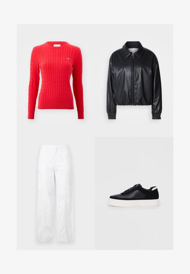 Must have musternahk, mis on valmistatud kunstnahast, lukuga esifaas, terava krae ja elastsete mansettidega. Rinnas minimaalne brändingu element.; Punane soonikkoesustega sviiter, millel on pikad varrukad, soonikust mansetid ja äär, ümmargune kaelus ning väike logodetail rinnal. Pehme tekstuur.; Valged laiad püksid, mis on valmistatud kergetest materjalidest, omades siledat tekstuuri, puhtaid jooni ja kõrget vöökohta.; Mustad mustad spordijalanõud siledast nahast ja sametist paneelidega, lame nööriga, ümar varvas ja valge kummist tallaga. Erakordne logo kontsas.