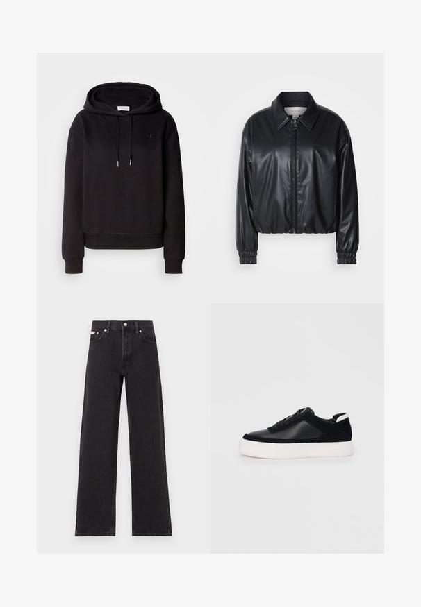 Jacket cropped preto em couro sintético com fecho zip, colarinho pontudo e punhos elásticos. Apresenta uma marcação mínima no peito.; Sweatshirt preto com capuz, de corte largo, cordão e logótipo bordado no peito. Tecido suave e punhos e bainha canelados.; Jeans de perna larga pretos feitos de denim, apresentando uma cintura alta, estilo de cinco bolsos e um fecho em botão de metal com costura contrastante.; Sapatilha preta com painéis de pele lisa e camurça, atacadores planos, bico arredondado e sola de borracha branca. Logótipo distinto no calcanhar.