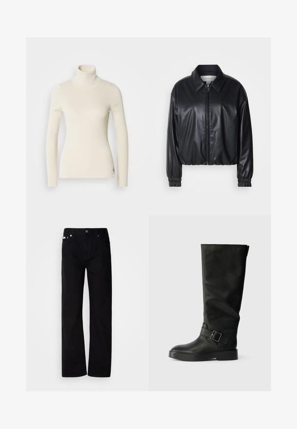 Musta lyhyt nahkatakki, jossa on vetoketjukiinnitys, terävä kaulus ja joustavat hihansuut. Rinnassa on minimaalinen brändäys.; Kerman turtleneck-paita, joka on valmistettu ribbineuloksesta. Ominaisuuksiin kuuluvat pitkät hihat, tiukka malli ja pieni logo helman kohdalla. Pehmeä pinta.; Mustat farkkusuorat housut, joissa on viisi taskua, hopeiset niitit ja nappisuljenta. Kangas on sileä, hieman teksturoitu pinta.; Mustan, sileän nahkan polven yli yltävät saappaat, joissa on pyöristetty kärki, paksu pohja ja vaakasuora hihna suorakulmion muotoisella soljella.