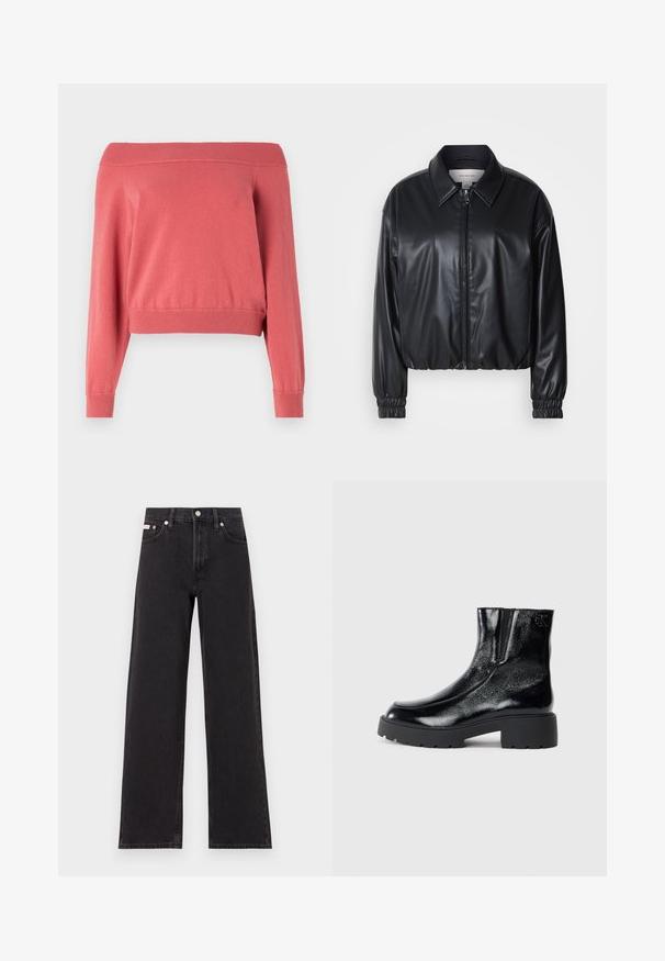 Zwarte cropped jacket van faux leer met een ritssluiting aan de voorkant, puntige kraag en elastische manchetten. Bevat minimale branding op de borst.; Koraal kleurige off-the-shoulder trui met lange mouwen, geribbelde halslijn en manchetten, en een aansluitende tailleband. Zacht, gestructureerd materiaal.; Zwarte wijde spijkerbroeken van denim, met een hoge taille, vijf-pocket stijl en een metalen knoopsluiting met contrasterende stiksels.; Zwarte enkellaarsjes met een glanzende lakleren afwerking, chunky zwarte rubberen zool en verhoogde hak; inclusief subtiele logo-detail aan de zijkant.