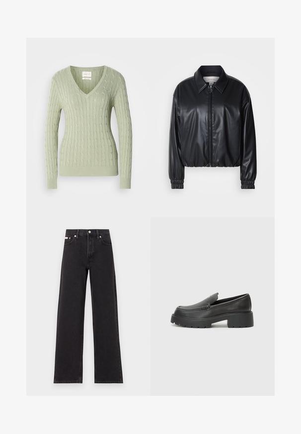 Jachetă scurtă neagră din piele ecologică, cu fermoar frontal, guler ascuțit și manșoane elastice. Prezintă o marcaj minim pe piept.; Pulover tricotat de culoare verde deschis, cu decolteu în V, prezentând un model de cablu și manșete cu nervuri. Accesoriu mic cu logo pe piept.; Jeanși negri cu picioare largi, fabricați din denim, cu talie înaltă, stil cu cinci buzunare și închidere cu nasture metalic, cu cusături contrastante.; Mocasini din piele neagră, cu vârf rotunjit, talpă groasă texturată și detalii minimale de cusătură. Design elegant, fără șireturi sau accesorii vizibile.