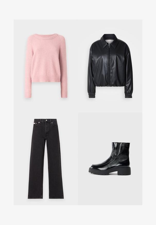 Črna krajša jakna iz umetnega usnja z zadrgo spredaj, koničastim ovratnikom in elastičnimi manšeti. Ima minimalno blagovno oznako na prsih.; Svetlo roza pulover z okroglo izrezom, dolgimi rokavi ter rebrastimi manšetami in robom. Mehka tekstura, skrajšana zasnova. Brez vidnih vzorcev.; Črne široke jeans hlače iz denima, s poudarjenim pasom, petimi žepi in kovinskim gumbom za zapiranje ter kontrastnim šivanjem.; Črne gležnarje z sijajnim patentiranim usnjem, debele črne gumijaste podplate in dvignjen petni del; vključujejo subtilen logotip na strani.