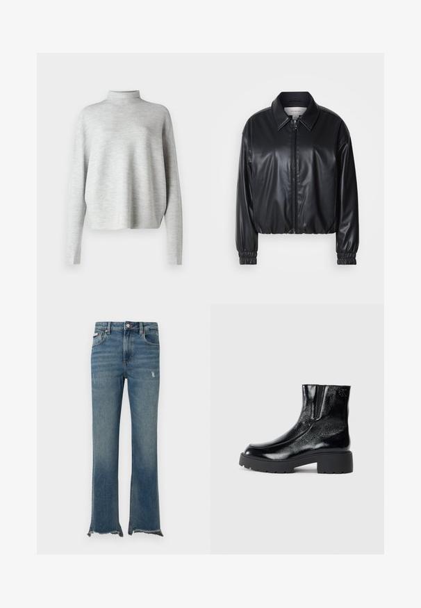 Svart cropped jakke i faux skinn med glidelås foran, spiss krage og elastiske mansjetter. Har minimal merkevareprofil på brystet.; Lys grå turtleneck genser, laget av myk stoff, med lange ermer og en avslappet passform, med en jevn, fin tekstur.; Blå denimjeans med lett slitasje, rå frynsete kanter, frontlommer, beltestropper og knappelukking.; Svarte ankelstøvler med en blank lakkfinish, kraftig svart gummisåle og hevet hæl; inkluderer subtile logo-detaljer på siden.