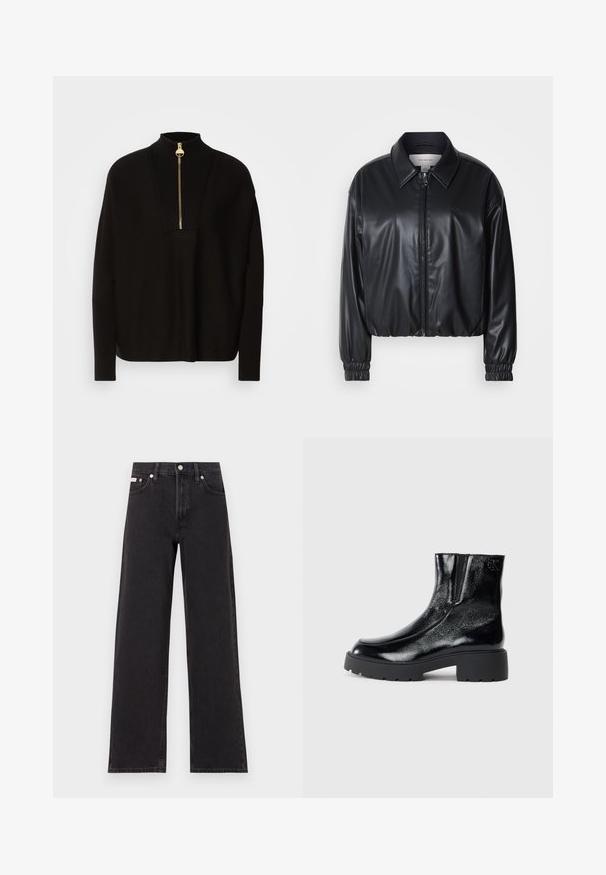 Czarna krótka kurtka z ekoskóry z zamkiem z przodu, spiczastym kołnierzem i elastycznymi mankietami. Posiada minimalistyczne logo na klatce piersiowej.; Czarny sweter z wysokim kołnierzem, półzapinaną klamrą i żebrowanym wykończeniem. Posiada długie rękawy oraz luźny krój z prostym dołem.; Czarne dżinsy o szerokich nogawkach, wykonane z denimu, z wysokim stanem, pięcioma kieszeniami oraz metalowym zapięciem z kontrastowym szwem.; Czarne botki sięgające kostki o błyszczące wykończenie z lakierowanej skóry, masywna czarna gumowa podeszwa i podwyższony obcas; zawierają subtelny detal z logo z boku.