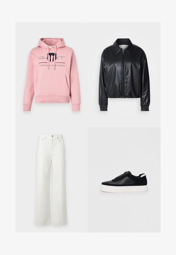 Black cropped jacket in faux leather with a zip front, pointed collar, and elastic cuffs. Features minimal branding on the chest.; GANT ARCHIVE SHIELD HOODIE - Sweatshirt - geranium pink; Samsøe Samsøe SHELLY - Relaxed fit jeans - clear cream; Black sneaker with smooth leather and suede panels, flat laces, rounded toe, and a white rubber sole. Distinct logo on the heel.