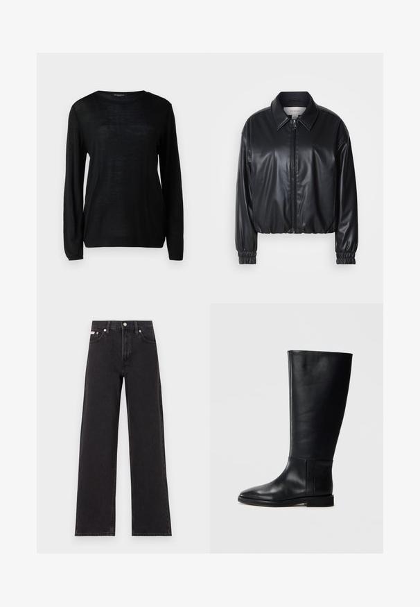 Čierna skrátená bunda z umielej kože s predným zipsom, špicatým golierom a elastickými manžetami. Obsahuje minimálne logo na hrudi.; Čierny sveter s dlhým rukávom a okrúhlym výstrihom. Vyrobený z ľahkej, štruktúrovanej tkaniny. Jednoduchý, jednofarebný dizajn bez vzorov alebo akcentov.; Čierne široké džínsy vyrobené z denimu, s vysokým pásom, piatimi vreckami a kovovým zapínaním s kontrastným šitím.; Čierna kožená čižma po kolená s okrúhlym prstom, hladkou textúrou, minimalistickým dizajnom a plochou podrážkou. Jednoduché švy na nohavici.