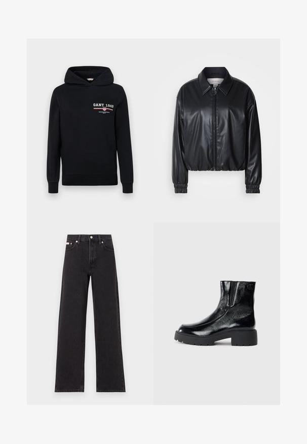 Must have musternahk, mis on valmistatud kunstnahast, lukuga esifaas, terava krae ja elastsete mansettidega. Rinnas minimaalne brändingu element.; Mustmust valmistatud puuvillast, millel on esiküljel logo "GANT 1949" ja triibulised aktsendid punases ja valges. Tavaline lõige, millel on reguleeritav kapuuts.; Mustad laiad mustad teksad, millel on kõrge vöökoht, viie tasku stiil ja metallist nööpkinnitus kontrastsete õmblustega.; Mustad mustad tossud läikiva patendi nahaga viimistlusega, jäme musta kummist tald ja kõrgendatud konts; sisaldab külgedel peent logodegust.