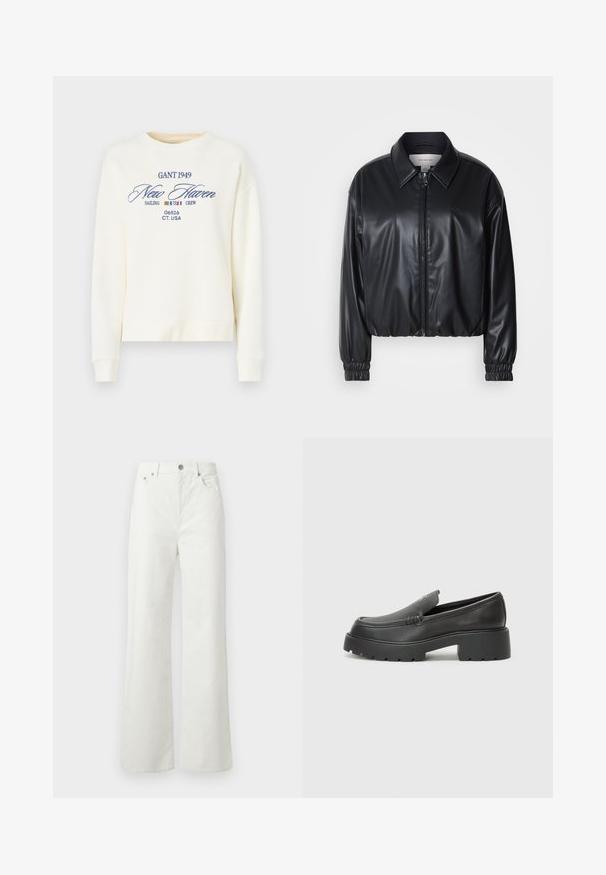 Black cropped jacket in faux leather with a zip front, pointed collar, and elastic cuffs. Features minimal branding on the chest.; Cream sweatshirt with a crew neck, featuring blue embroidered text: "GANT 1949 New Haven Sailing Crew 06516 CT. USA." Simple design.; Samsøe Samsøe SHELLY - Relaxed fit jeans - clear cream; Black leather loafers with a rounded toe, thick textured sole, and minimal stitching details. Sleek design with no visible laces or hardware.