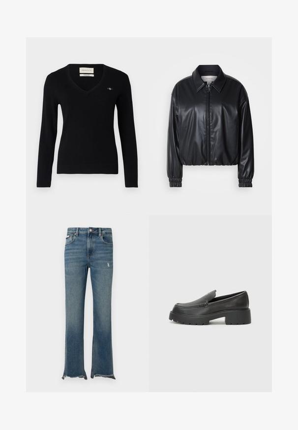 Crna skraćena jakna od umjetne kože s prednjim patentnim zatvaračem, oštrim ovratnikom i elastičnim manžetama. Ima minimalno brendiranje na prsima.; Crni pulover s v-izrezom izrađen od meke pletene tkanine. Ima dugačke rukave, rebraste manžete i mali izvezeni logo na grudima.; Plave traperice sa blagim oštećenjima, sirovim poderanim rubovima, prednjim džepovima, omčama za remen i zatvaračem na gumbe.; Crne kožne loaferice s zaobljenim vrhom, debelim teksturiranim potplatom i minimalnim detaljima šivanja. Elegantna izrada bez vidljivih vezica ili metalnih elemenata.