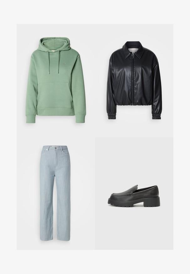 Jacket cropped preto em couro sintético com fecho zip, colarinho pontudo e punhos elásticos. Apresenta uma marcação mínima no peito.; Sweater verde de algodão com um bolso frontal, capuz com cordão e punhos canelados. Apresenta um pequeno logótipo bordado no peito.; Calças de ganga azul-claro de perna reta. Apresentam cinco bolsos, fecho com botão metálico e um leve efeito de desgaste para adicionar textura.; Mocassins de couro preto com bico arredondado, sola espessa e texturizada, e detalhes de costura minimalistas. Design elegante sem atacadores ou ferragens visíveis.