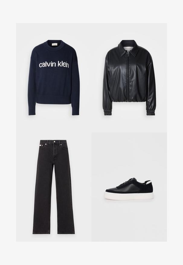 Schwarze, taillierte Jacke aus Kunstleder mit einem Reißverschluss vorn, spitzem Kragen und elastischen Bündchen. Verfügt über eine minimale Markenkennzeichnung auf der Brust.; Navy Pullover-Sweater mit einem weißen "Calvin Klein"-Logo über der Brust, gerippten Bündchen und Saum, aus weichem Strickmaterial gefertigt.; Schwarze weit geschnittene Jeans aus Denim mit einem hoch sitzenden Bund, fünf Taschen und einem Metallknopfverschluss mit kontrastierendem Nähte.; Schwarze Sneakers mit glattem Leder und Wildleder-Einsätzen, flachen Schnürsenkeln, runder Zehenpartie und einer weißen Gummisohle. Deutliches Logo an der Ferse.