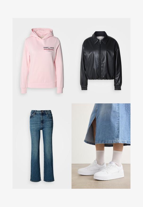 Musta lyhyt nahkatakki, jossa on vetoketjukiinnitys, terävä kaulus ja joustavat hihansuut. Rinnassa on minimaalinen brändäys.; Vaaleanpunainen collegepaita, joka on valmistettu puuvillasekoitteesta. Siinä on etupuolella logo ja vaakasuorat raidat. Hupussa on nyörit ja hihoissa sekä helmassa ribbikudontaa.; Korkeavyötäröiset siniset farkut, jotka on valmistettu denimistä, ja joissa on suora lahje, hienovarainen haalistuminen sekä tavallinen nappi- ja vetoketjusuljenta.; Valkoiset tennarit, joissa on teksturoitu nahka, erikoisuutena korkea pohja, pyöreä kärki ja nauhoitusjärjestelmä; yhdistetty vaaleanharmaisiin perussukkiin ja farkkuhameeseen.