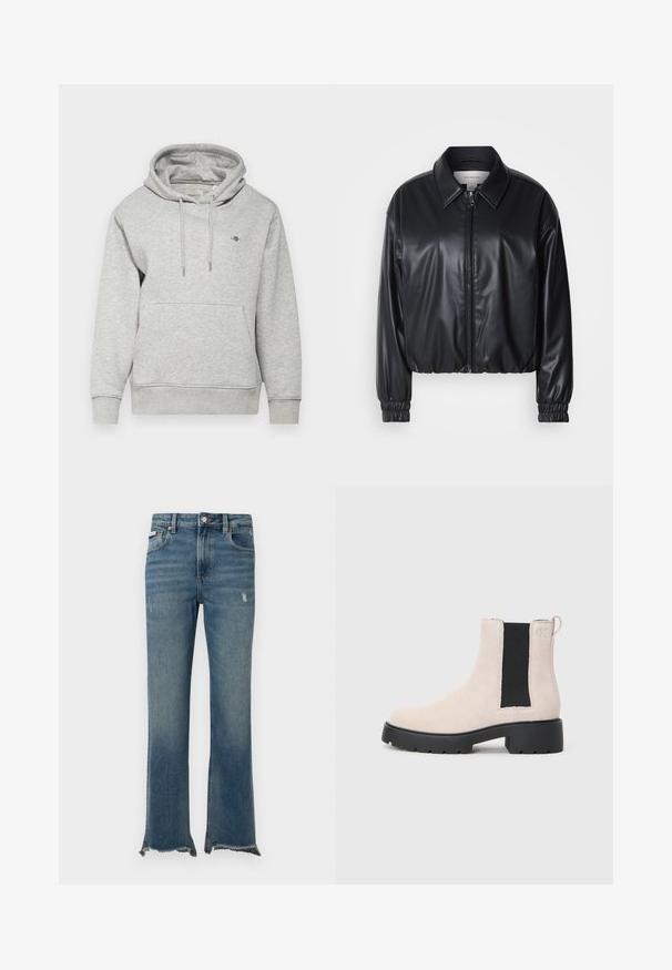 Black cropped jacket in faux leather with a zip front, pointed collar, and elastic cuffs. Features minimal branding on the chest.; GANT SHIELD HOODIE - Hoodie - light grey melange; Blue denim jeans with slight distressing, raw frayed hems, front pockets, belt loops, and a button closure.; Beige suede Chelsea boot with black elastic side panel, chunky black sole, and pull tab at ankle.