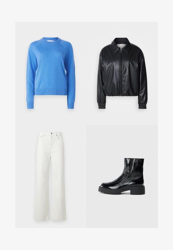 Jachetă scurtă neagră din piele ecologică, cu fermoar frontal, guler ascuțit și manșoane elastice. Prezintă o marcaj minim pe piept.; Samsøe Samsøe BOSTON O NECK - Pulover - super sonic; Samsøe Samsøe SHELLY - Blugi loose fit - clear cream; Botine negre până la gleznă, cu un finisaj de piele lacuită strălucitoare, talpă de cauciuc neagră masivă și toc înălțat; include detalii subtile cu logo pe lateral.