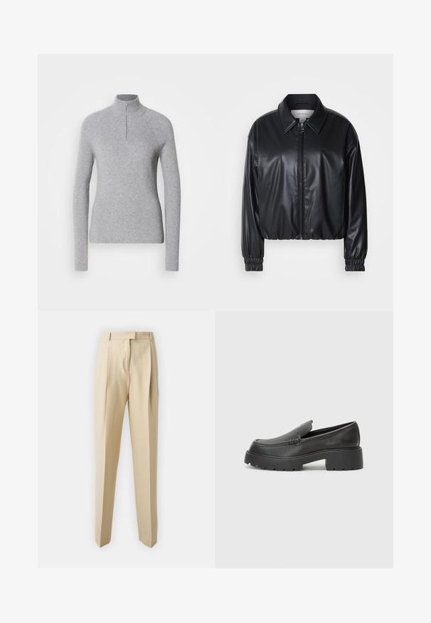 Melna, īsā jaka no mākslīgās ādas ar zipa priekšpusi, norādītām apkaklēm un elastīgām aprocēm. Uz krūtīm ir minimāla zīmola identifikācija.; Gai pelēks, ribots vilnas džemperis ar augstu apkakli un pusi rāvējslēdzēja pie kakla. Tam ir garas piedurknes un pieguļoša forma.; Bežīgas pielāgotas bikses ar taisnu griezumu, ar krokām, jostu un gludu faktūru. Nav redzamu kabatu vai rotājumu.; Melnas ādas mokasīni ar noapaļotu purngalu, biezs teksturēts zoles un minimālas dūriena detaļas. Gluds dizains bez redzamām auklām vai metāla elementiem.