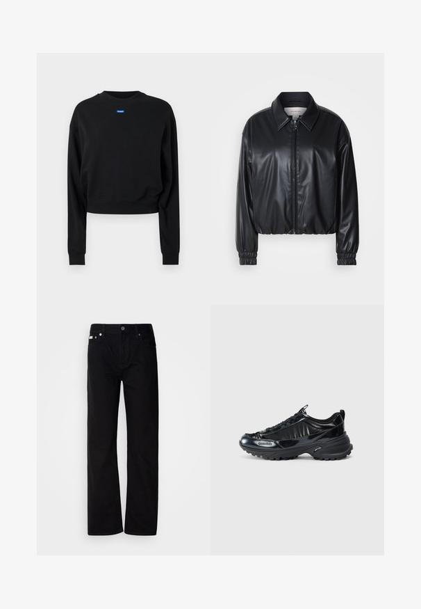 Čierna skrátená bunda z umielej kože s predným zipsom, špicatým golierom a elastickými manžetami. Obsahuje minimálne logo na hrudi.; Čierny skrátený sveter s dlhými rukávmi a rebrovanými manžetami; obsahuje modrú obdĺžnikovú nášivku s logom vpredu pri výstrihu.; Čierne rovné džínsy s piatimi vreckami, striebornými nitmi a zapínaním na gombík. Tkanina má hladký, jemne textúrovaný povrch.; Čierne lesklé tenisky s zakriveným dizajnom horného dielu, štruktúrovanou gumovou podrážkou a šnurovaním. Obsahujú logo na boku a pútko vzadu.