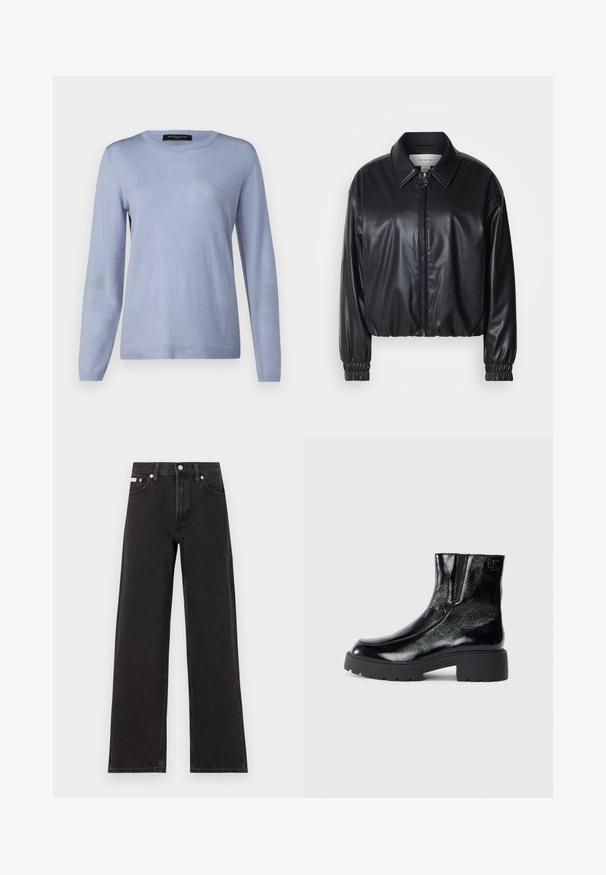 Jachetă scurtă neagră din piele ecologică, cu fermoar frontal, guler ascuțit și manșoane elastice. Prezintă o marcaj minim pe piept.; Pulover albastru deschis, cu mânecă lungă, confecționat dintr-un material moale. Are un decolteu rotund și detalii fine de cusătură de-a lungul cusăturilor.; Jeanși negri cu picioare largi, fabricați din denim, cu talie înaltă, stil cu cinci buzunare și închidere cu nasture metalic, cu cusături contrastante.; Botine negre până la gleznă, cu un finisaj de piele lacuită strălucitoare, talpă de cauciuc neagră masivă și toc înălțat; include detalii subtile cu logo pe lateral.
