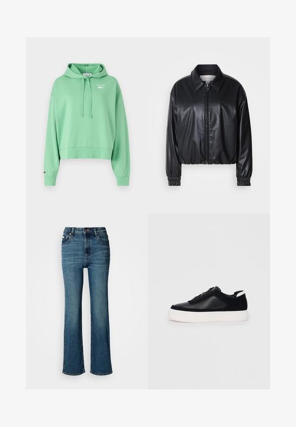 Črna krajša jakna iz umetnega usnja z zadrgo spredaj, koničastim ovratnikom in elastičnimi manšeti. Ima minimalno blagovno oznako na prsih.; Mentolno zelena skrajšana kapuca z vrvico, dolgimi rokavi in belim vezenim logotipom na prsih. Mehka bombažna tkanina.; Visoko pasne modre jeans hlače iz denima, s straight leg dizajnom, rahlim bledenjem in standardnim gumbom ter zadrgo.; Črne športne copate z gladko usnjeno in semišnimi paneli, ravnimi vezalkami, zaobljenim nosom in belim gumijastim podplatom. Oznaka na peti.