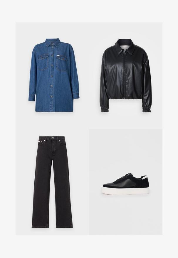Jachetă scurtă neagră din piele ecologică, cu fermoar frontal, guler ascuțit și manșoane elastice. Prezintă o marcaj minim pe piept.; Cămașă din denim, mâneci lungi, bleu deschis, două buzunare la piept, închidere cu nasturi, guler clasic, material texturat, croială relaxată.; Jeanși negri cu picioare largi, fabricați din denim, cu talie înaltă, stil cu cinci buzunare și închidere cu nasture metalic, cu cusături contrastante.; Sneaker negru cu piele netedă și panouri din întăritură, șireturi plate, vârf rotund și talpă din cauciuc alb. Logo distinct pe călcâi.