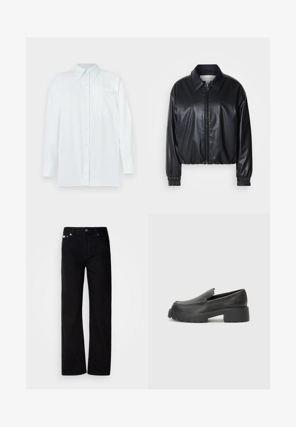 Crna skraćena jakna od umjetne kože s prednjim patentnim zatvaračem, oštrim ovratnikom i elastičnim manžetama. Ima minimalno brendiranje na prsima.; Svijetloplava košulja s kragnom, dugim rukavima i džepom na prsima. Tkanina izgleda glatko s suptilnom teksturom; sadrži žute gumbe.; Crne traperice ravnog kroja s pet džepova, srebrnim zakovicama i dugmetom na spratu. Tkanina ima glatku, blago teksturiranu površinu.; Crne kožne loaferice s zaobljenim vrhom, debelim teksturiranim potplatom i minimalnim detaljima šivanja. Elegantna izrada bez vidljivih vezica ili metalnih elemenata.