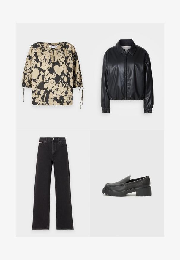 Jachetă scurtă neagră din piele ecologică, cu fermoar frontal, guler ascuțit și manșoane elastice. Prezintă o marcaj minim pe piept.; Bluza florală neagră și bej cu croială lejeră, decolteu rotund și mâneci bufante. Are șireturi la gât și manșete elastice.; Jeanși negri cu picioare largi, fabricați din denim, cu talie înaltă, stil cu cinci buzunare și închidere cu nasture metalic, cu cusături contrastante.; Mocasini din piele neagră, cu vârf rotunjit, talpă groasă texturată și detalii minimale de cusătură. Design elegant, fără șireturi sau accesorii vizibile.