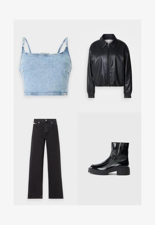 Chaqueta negra corta de piel sintética con cremallera frontal, cuello puntiagudo y puños elásticos. Presenta un branding mínimo en el pecho.; Top corto de mezclilla azul claro con tirantes finos ajustables, cuenta con un cierre de cremallera frontal y una textura suave, diseñado para un ajuste ceñido.; Jeans anchos de mezclilla negros, con cintura alta, cinco bolsillos y cierre de botón metálico con costuras contrastantes.; Botines negros con acabado de charol brillante, suela de goma negra gruesa y tacón elevado; incluye un sutil detalle del logo en el lateral.