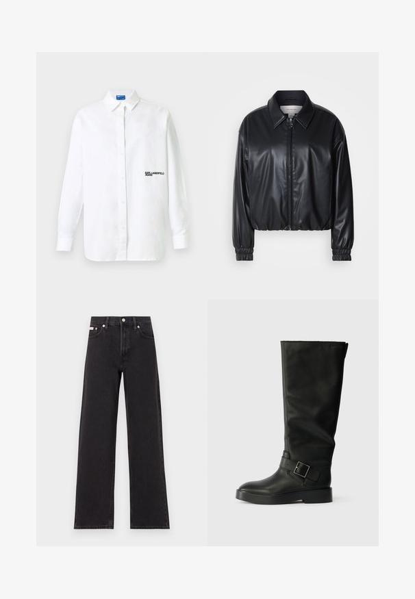 Fekete, rövidített fazonú műbőr dzseki, elöl cipzárral, hegyes gallérral és rugalmas mandzsettákkal. Minimalista logó található a mellkason.; Fehér, hosszú ujjú, gombos ing gallérral és a bal mellrészen fekete "KARL LAGERFELD JEANS" feliratos logóval.; Fekete, bőszárú farmernadrág, magas derekú, öt zsebes kialakítással és fém gombos záródással, kontrasztos varrással.; Fekete, térdig érő csizmák, sima bőrből, lekerekített orral, vastag talppal és egy vízszintes pánttal, amely téglalap alakú csat részlettel rendelkezik.