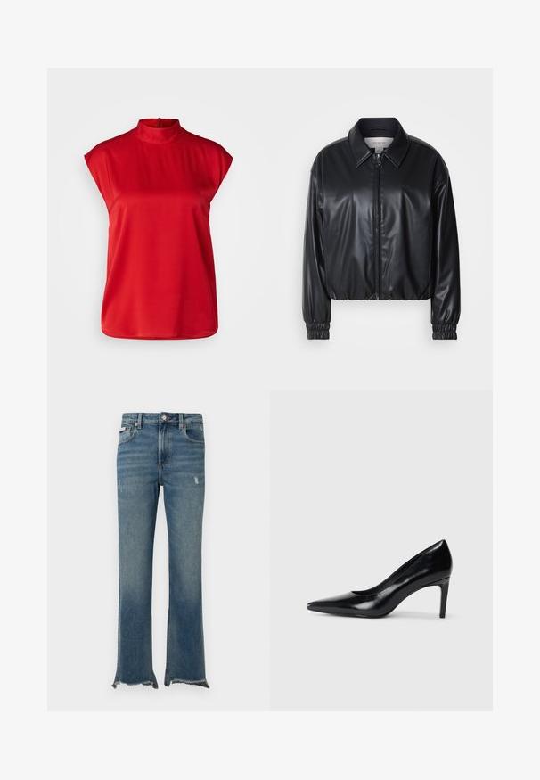 Giacca nera corta in ecopelle con zip frontale, colletto a punta e polsini elastici. Presenta una grafica minimalista sul petto.; BOSS BIDRIZ - Camicetta - bright red; Jeans di denim blu con leggeri segni di usura, orli grezzi sfrangiati, tasche frontali, passanti per cintura e chiusura con bottone.; Scarpa con tacco alto in pelle nera, con punta affusolata, texture liscia e tacco rastremato. Design minimalista, senza ulteriori decorazioni.