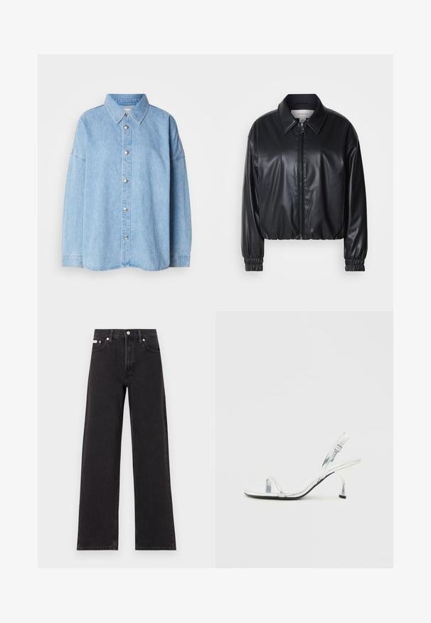 Schwarze, taillierte Jacke aus Kunstleder mit einem Reißverschluss vorn, spitzem Kragen und elastischen Bündchen. Verfügt über eine minimale Markenkennzeichnung auf der Brust.; Helles blaues Denim-Hemd mit Druckknopfverschluss, umschlagbarem Kragen und langen Ärmeln, ausgestattet mit Metallknöpfen und einem lockeren Schnitt.; Schwarze weit geschnittene Jeans aus Denim mit einem hoch sitzenden Bund, fünf Taschen und einem Metallknopfverschluss mit kontrastierendem Nähte.; Silberne Lackleder Slingback-Pump mit schmalem Zehenriemen, verstellbarem Schnallenverschluss und schlanker Absatzhöhe.
