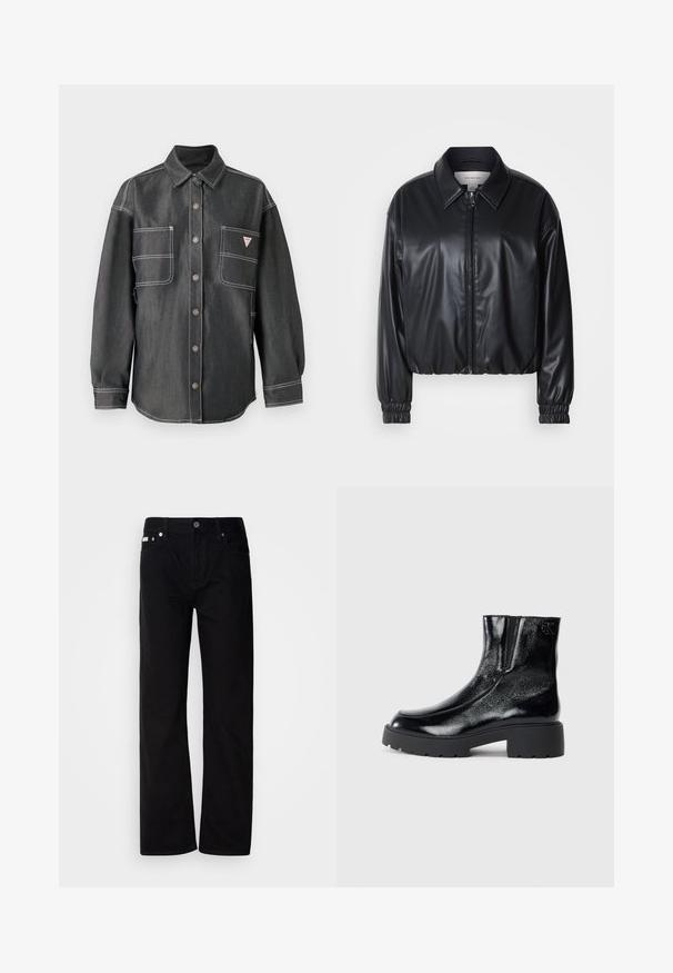 Melna, īsā jaka no mākslīgās ādas ar zipa priekšpusi, norādītām apkaklēm un elastīgām aprocēm. Uz krūtīm ir minimāla zīmola identifikācija.; Tumši džinsu krekls ar garām piedurknēm, pogu aizdari priekšā, vērsta apkakle, divi lieli krūšu kabatas un baltas kontrastējošas šuves.; Melnas denima taisnas kājas bikses ar pieciem kabatām, sudraba kniedēm un pogu aizdari. Audumam ir gluda, nedaudz teksturēta virsma.; Melnas potītes zābaki ar spīdīgu lakotu ādas apdari, masīvu melnu gumijas zoli un paaugstinātu papēdi; satur subtilu logotipa detaļu sānu daļā.