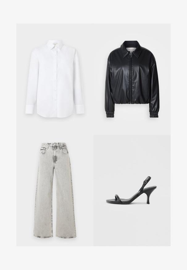 Fekete, rövidített fazonú műbőr dzseki, elöl cipzárral, hegyes gallérral és rugalmas mandzsettákkal. Minimalista logó található a mellkason.; Fehér, hosszú ujjú ing, sima anyagból készült, gombos elülső résszel, klasszikus gallérral és kerekített aljjal, gombos mandzsettákkal.; Világosszürke farmer anyagból készült, bőszárú nadrág, mely enyhén elmosott hatású, elöl zsebekkel és gombos záródással rendelkezik. A szabása kényelmes és tágas.; Fekete bőrből készült, magassarkú szandál, vékony, ívelt sarokkal és keresztben átkötött pántokkal. Állítható bokapánt. Sima felület.