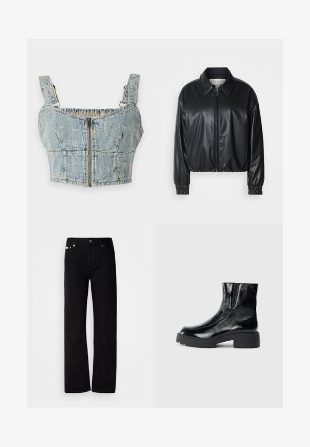 Crna skraćena jakna od umjetne kože s prednjim patentnim zatvaračem, oštrim ovratnikom i elastičnim manžetama. Ima minimalno brendiranje na prsima.; Denim cropped top svijetloplavog pranja, s patentnim zatvaračem, elastičnim leđima i širokim trakama. Detalji uključuju šavove i blago istrošen izgled.; Crne traperice ravnog kroja s pet džepova, srebrnim zakovicama i dugmetom na spratu. Tkanina ima glatku, blago teksturiranu površinu.; Crne gležnjače s sjajnim lakiranim završetkom, debelim crnim gumastim potplatima i povišenim potpeticama; uključuju suptilan detalj loga sa strane.
