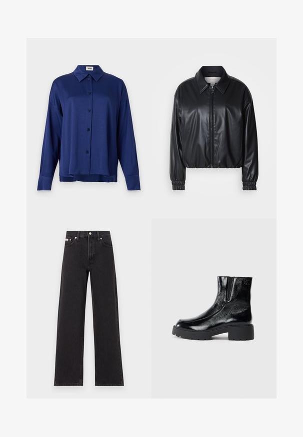 Black cropped jacket in faux leather with a zip front, pointed collar, and elastic cuffs. Features minimal branding on the chest.; Navy blue button-up shirt with a soft texture, collar, and long sleeves. Features a straight hem and six front buttons.; Black wide-leg jeans made of denim, featuring a high-rise waist, five-pocket styling, and a metal button closure with contrasting stitching.; Black ankle boots with a glossy patent leather finish, chunky black rubber sole, and raised heel; includes subtle logo detail on the side.