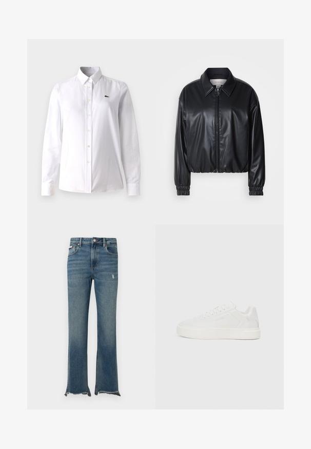 Melna, īsā jaka no mākslīgās ādas ar zipa priekšpusi, norādītām apkaklēm un elastīgām aprocēm. Uz krūtīm ir minimāla zīmola identifikācija.; Balta pogu krekls no kokvilnas, ar klasisku apkakli, garām piedurknēm un mazu zaļo logotipu kreisajā krūtī.; Zilas džinsa bikses ar vieglu nolietojumu, neapstrādātiem plēstiem apmales galiem, priekšējām kabatām, jostas cilpām un pogas aizdari.; Baltas zemas sporta apavus ar platu zoli, gludu sintētisku virsu, apaļu pirkstu un tonāliem pavedieniem. Iespējas: aukliņu aizdare un sānu zīmols.