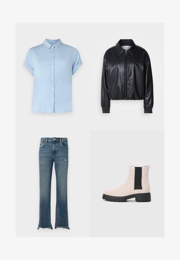 Jacket cropped preto em couro sintético com fecho zip, colarinho pontudo e punhos elásticos. Apresenta uma marcação mínima no peito.; Samsøe Samsøe MAJAN SS - Blusa com botões - light blue; Calças de ganga azuis com ligeiros desgastes, bainhas cruas desfiadas, bolsos frontais, passadores para cinto e fecho com botão.; Bota Chelsea em camurça bege com painel elástico preto, sola grossa preta e puxador no tornozelo.