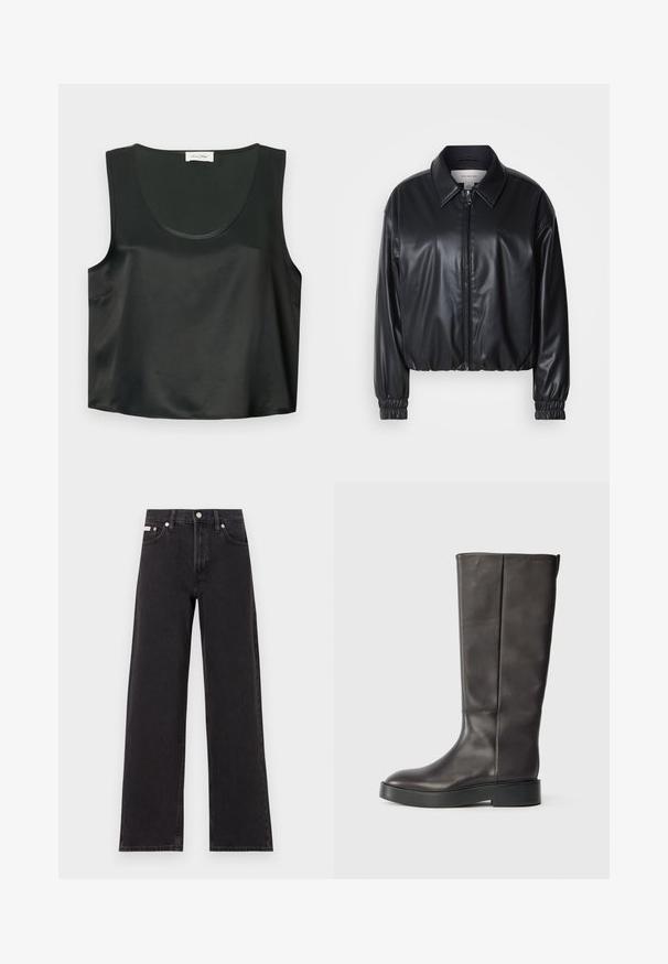 Must have musternahk, mis on valmistatud kunstnahast, lukuga esifaas, terava krae ja elastsete mansettidega. Rinnas minimaalne brändingu element.; Must tooni musta, ilma varrukat, sileda kangaga, ümmarguse kaelusega ja laiade käeaukudega; omab puhta ja lihtsa disaini, ilma mustriteta.; Mustad laiad mustad teksad, millel on kõrge vöökoht, viie tasku stiil ja metallist nööpkinnitus kontrastsete õmblustega.; Must muste kõrgusse ulatuv must nahast saapad paksu tallaga ja diskreetse Calvin Kleini logoga ülaääres, nähtud külgedelt.