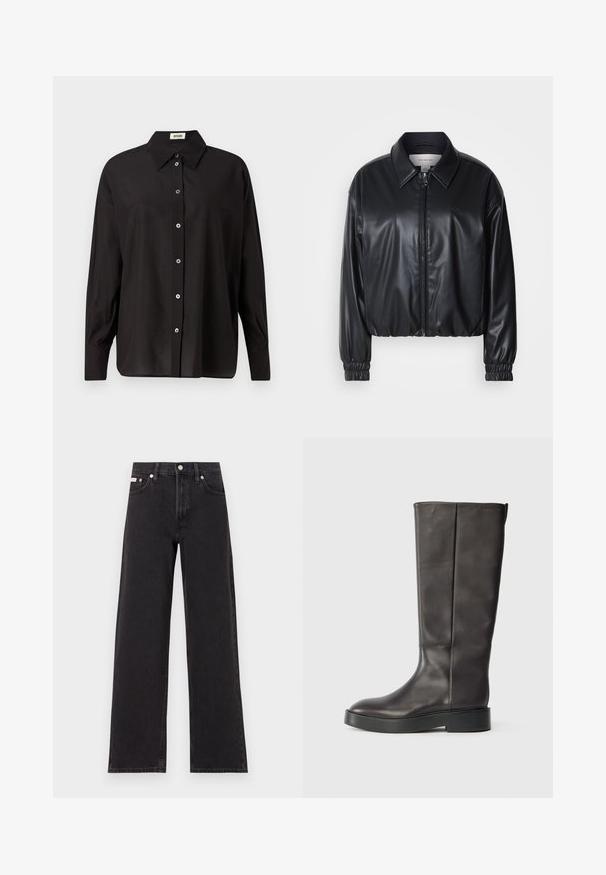 Sort cropped jakke i faux læder med lynlås foran, spidse kraver og elastiske håndled. Minimal brandings på brystet.; Sort skjorte med knaplukning, klassisk krave, lange ærmer og en afslappet pasform. Har glansfulde knapper langs fronten. Glat, letvægtsstof.; Sorte vidde jeans lavet af denim, med høj talje, fem-lomme stil og en metalknap lukning med kontrasterende syninger.; Sorte knæhøje læderstøvler med tyk sål og subtil Calvin Klein-logo nær den øverste kant, vist fra siden.